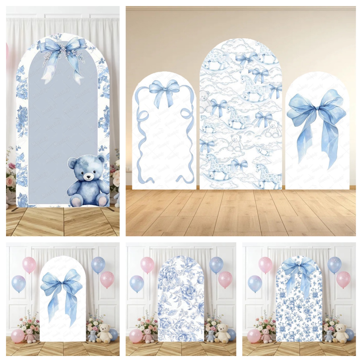 Photography Lighting Backdrop - ブルー花柄ボウアーチ背景カバースパンデックスフィットキッズ誕生日パーティーベビーシャワー結婚式パーティー装飾カスタム写真背景