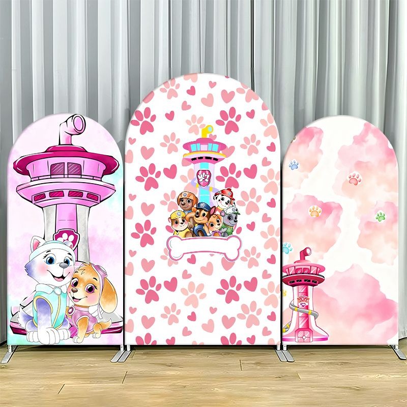Photography Lighting Backdrop - パウ・パトロール アーチ型背景幕カバー プレミアム厚手生地 カスタムパーティーデコレーション ピンクハート 肉球プリント