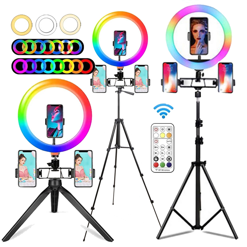 Photography Lighting System - 10インチRGBリングライト、リモコン付きLED撮影用リングライト、Bluetooth自撮り三脚、TikTok用3つのスマホホルダー付きスタンド