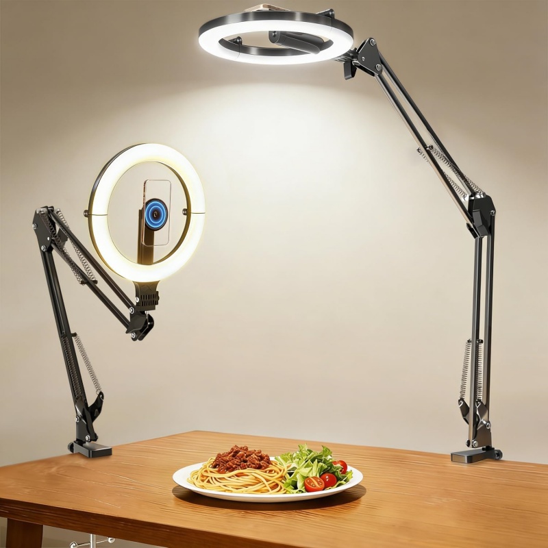 Photography Lighting System - 10インチリングライト付き磁気オーバーヘッドフォンマウント、5000mAhフレキシブル関節式サークルランプテーブル三脚、ビデオ録画、料理、ネイル、Zoom会議用の電話スタンド