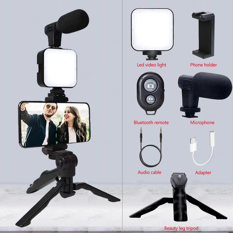 Photography Led Lighting Kit - AY49スマートフォンVlogキット、三脚付きスマホホルダー、ミニマイク、LEDフィルライト、ライブ配信、YouTube用スターターセット